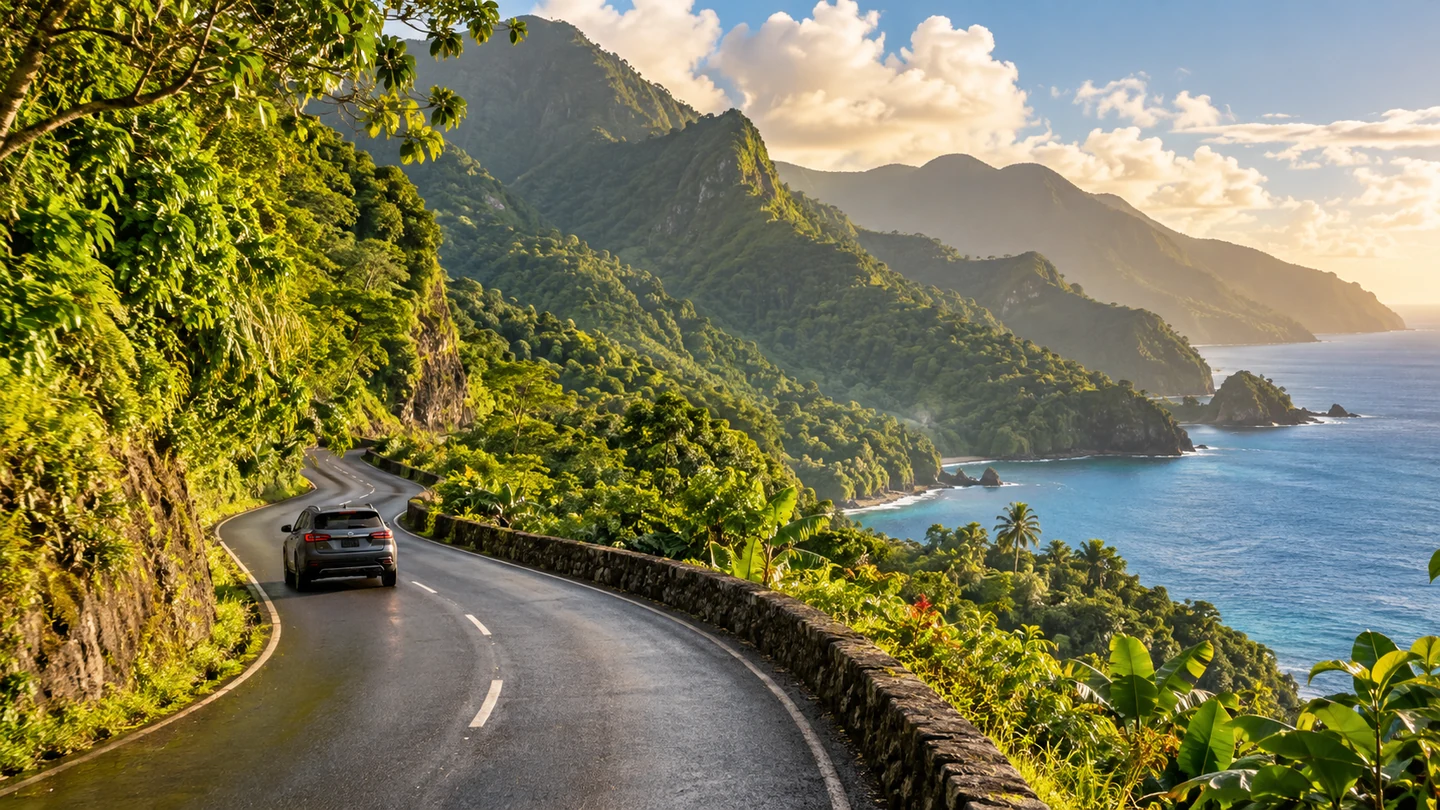 Illustrative Dominica-inspired coastal road, with lush green mountains, blue sea and an SUV on the road