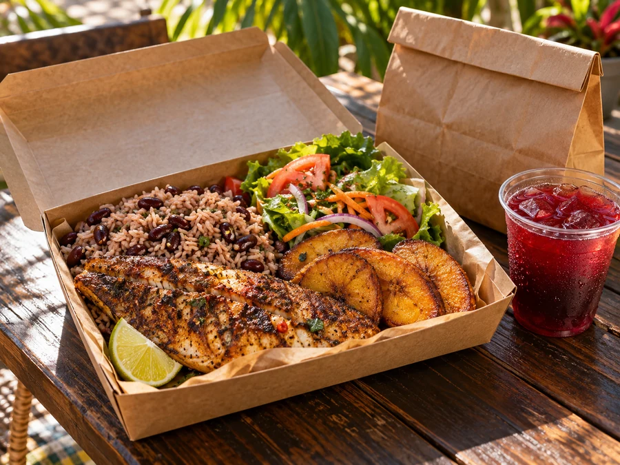 Grilled fish, rice and peas, plantains and salad in a takeaway box